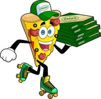 Pizza Slice Cartoon Character Is Going For Delivery. Vector Hand Drawn Illustration Isolated