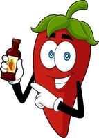 Hot Chili Pepper Cartoon Character Present Best Hot Sauce. Vector Hand Drawn Illustration