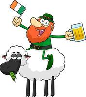 Lucky Leprechaun Cartoon Character Riding a Sheep With A Glass Of Beer And An Irish Flag vector