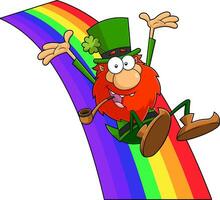 Happy Leprechaun Cartoon Character Riding A Rainbow. Vector Hand Drawn Illustration