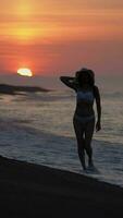 blootsvoets vrouw in bikini, rietje zon hoed wandelen Aan zanderig strand Bij zonsopkomst gedurende zomer strand vakantie video