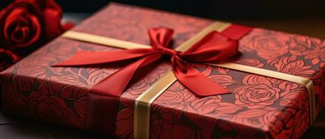 ai generado vibrante rojo envuelto regalo caja, Perfecto para especial ocasiones. ai generativo. foto