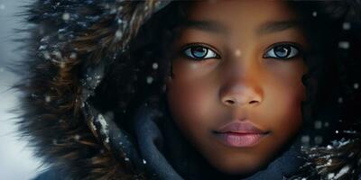 AI generated Close-up of a young black girl in a luxurious fur hooded coat. AI generative. photo