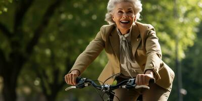 ai generado mayor mujer alegremente ciclismo en parque, plata cabello, luz de sol. ai generativo. foto