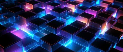 AI generated Bright neon elements and 3D cubes create a modern, tech-savvy atmosphere. photo