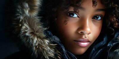 AI generated Close-up of a young black girl in a luxurious fur hooded coat. AI generative. photo