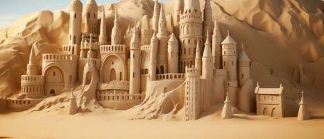 AI generated Magnificent sand castle on golden sand, with intricate towers. AI generative. photo