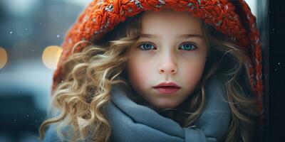 AI generated Girl in winter coat and orange scarf. AI generative. photo