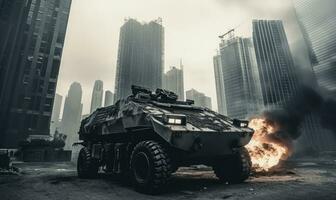 AI generated Intense battlefield scene. Burning armored military vehicle in city.  AI generative. photo