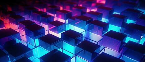 AI generated Bright neon elements and 3D cubes create a modern, tech-savvy atmosphere. photo
