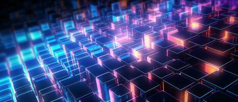 AI generated The blend of blue light, digital patterns, and 3D elements. photo