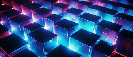 AI generated Bright neon elements and 3D cubes create a modern, tech-savvy atmosphere. photo