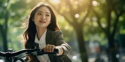 AI generated Elegant office-style Asian girl on bike. AI generative. photo