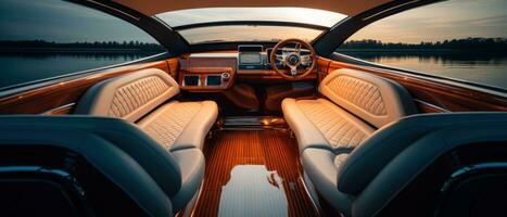 AI generated Luxury boat interior at sunset, ambient lighting. AI generative. photo