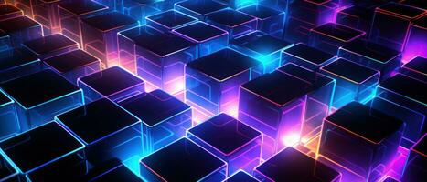 AI generated Bright neon elements and 3D cubes create a modern, tech-savvy atmosphere. photo