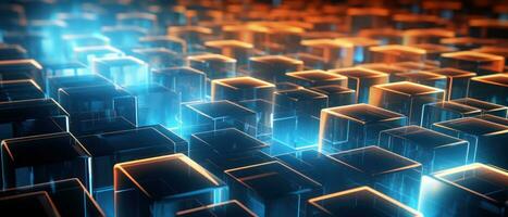 AI generated A fusion of science and art, this abstract composition combines geometric shapes and fluorescent elements to depict a digital realm. photo