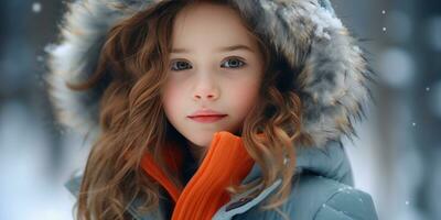 ai generado niña en invierno Saco y naranja bufanda. ai generativo. foto