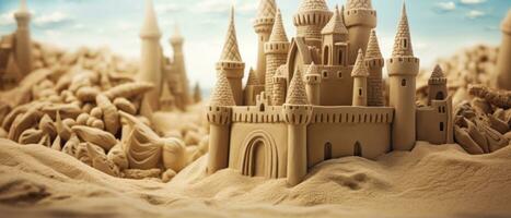 ai generado magnífico arena castillo en dorado arena, con intrincado torres ai generativo. foto