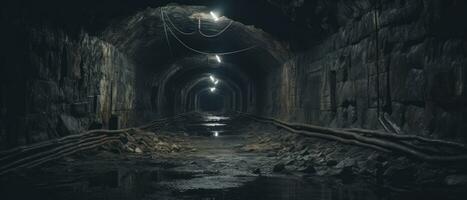 AI generated Eerie underground tunnel with abandoned train track. AI generative. photo