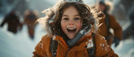 ai generado retrato de un alegre, pequeño niña vestido en un calentar invierno Saco y sombrero, riendo en medio de un nevada. foto