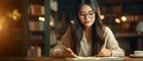 ai generado joven asiático mujer absorto en un libro en un biblioteca. ai generativo. foto