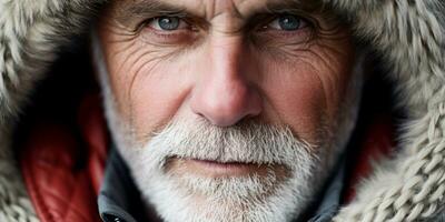 ai generado mayor hombre con blanco barba en piel abrigo. ai generativo. foto