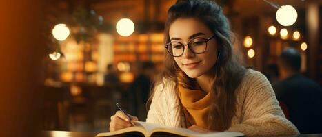 ai generado mujer en lentes absorbido en un libro a un biblioteca escritorio. ai generativo. foto