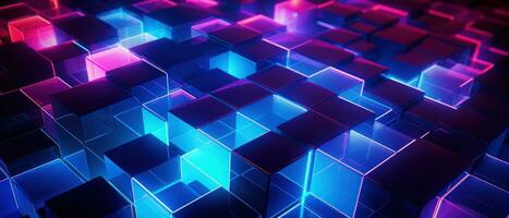 AI generated Bright neon elements and 3D cubes create a modern, tech-savvy atmosphere. photo