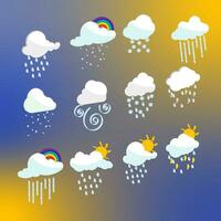 Modern weather icons set, plasticine 3d weather icons, render style sun, cumulus and snowflakes. Trendy fluffy bubbles clouds, wind symbol, raindrops. vector