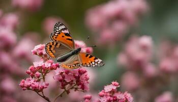 ai generado un mariposa es sentado en algunos rosado flores foto