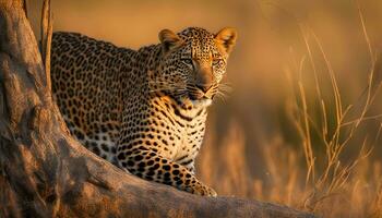 AI generated a leopard is standing on a tree branch in the grass photo