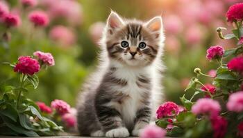 ai generado un gatito sentado en un campo de rosado flores foto