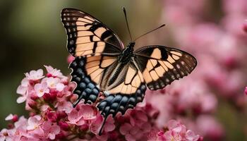 ai generado un mariposa es sentado en algunos rosado flores foto