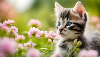 AI generated a kitten is sitting in a field of pink flowers photo