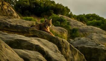 AI generated a cat is sitting on a rock in the middle of a forest photo