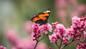 AI generated a butterfly is sitting on some pink flowers photo