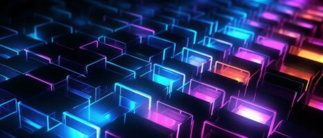 AI generated Bright neon elements and 3D cubes create a modern, tech-savvy atmosphere. photo
