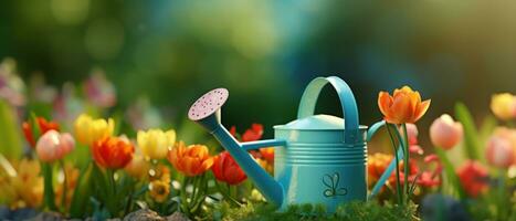 AI generated Charming watering can in a vibrant garden. AI generative. photo