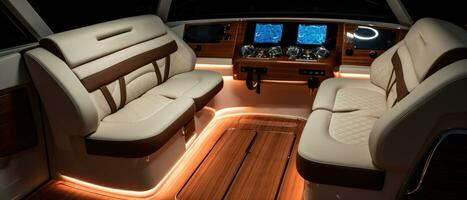 AI generated Luxury boat interior at sunset, ambient lighting. AI generative. photo