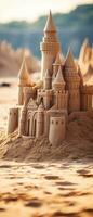 AI generated A stunning vertical shot of an artistic sandcastle set against a backdrop of blue ocean and clear sky. photo