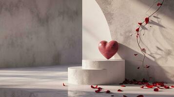 AI generated Heart-shaped decoration on the pedestal and red petals. Abstract composition for St. Valentine's Day. photo