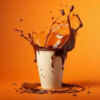 AI generated Cardboard coffee cup with splash on orange background. Mock up. Template. AI Generated. photo