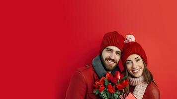 AI generated Beautiful inlove man and woman with flowers and gift box. Happy couple in Valentine's Day with copy space photo