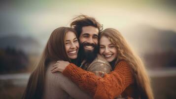 ai generado hermosa joven personas abrazando y sonriente, gasto hora juntos al aire libre. nacional abrazando día concepto. ai generativo. foto