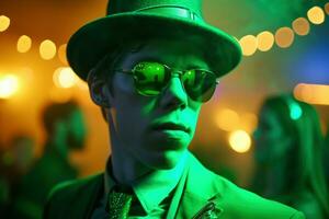 AI generated St. Patrick's Day party fun wearing man in a green suit and hat in bar interior. photo