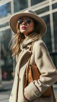 ai generado hermosa joven mujer en un invierno Saco y sombrero y Gafas de sol en un ciudad calle. foto