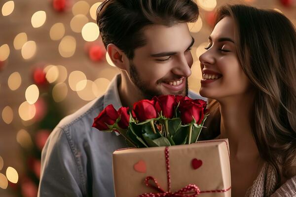 AI generated Beautiful inlove man and woman with flowers and