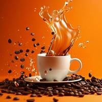 AI generated Cup of coffee with splash on orange background with coffee beans. photo