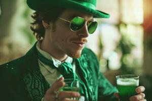 AI generated St. Patrick's Day party fun wearing man in a green suit and hat with a glass of coctail photo