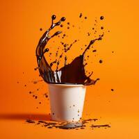 AI generated Cardboard coffee cup with splash on orange background. Mock up. Template. AI Generated. photo